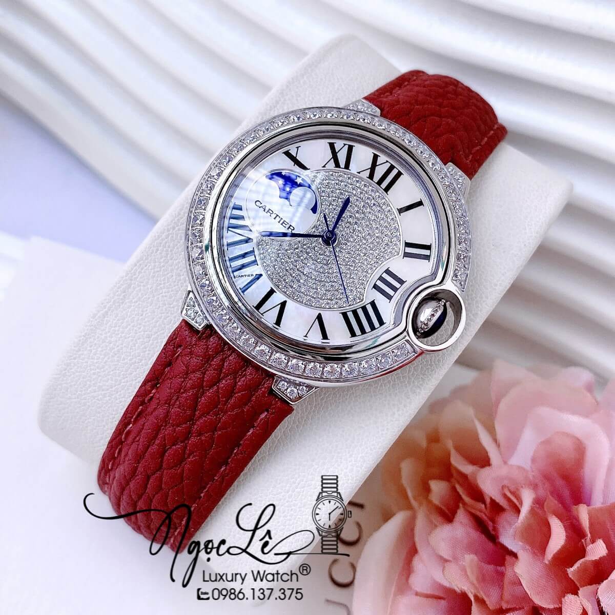 Đồng Hồ Cartier Ballon Bleu Nữ Dây Da Đỏ Vỏ Silver Đính Đá Size 35mm Máy Pin Thụy Sĩ