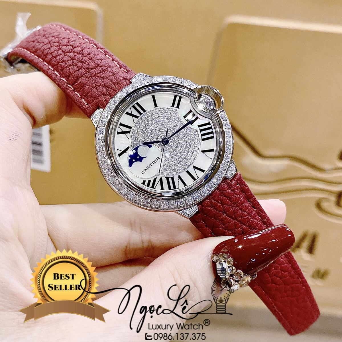 Đồng Hồ Cartier Ballon Bleu Nữ Dây Da Đỏ Vỏ Silver Đính Đá Size 35mm Máy Pin Thụy Sĩ
