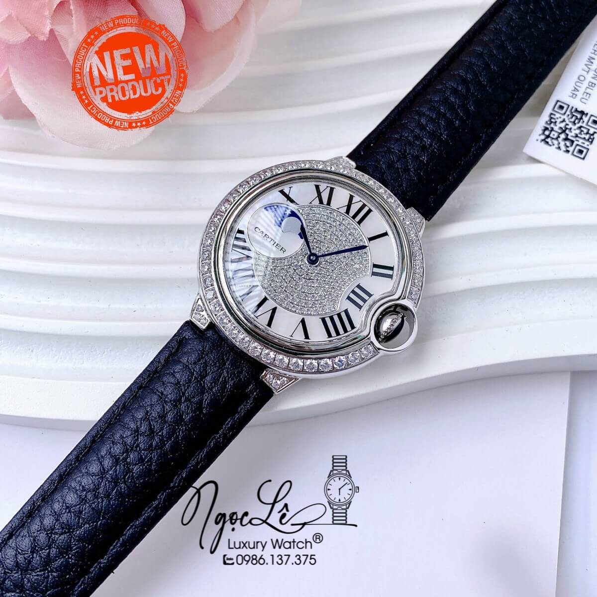 Đồng Hồ Cartier Ballon Bleu Nữ Dây Da Đen Vỏ Silver Đính Đá Size 35mm Máy Pin Thụy Sĩ