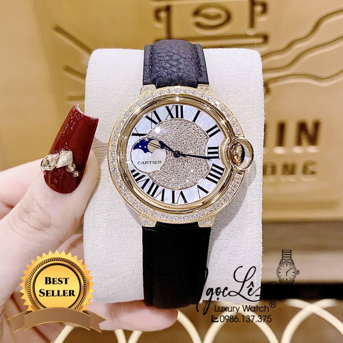Đồng Hồ Cartier Ballon Bleu Nữ Dây Da Đen Vỏ Gold Đính Đá Size 35mm Máy Pin Thụy Sĩ