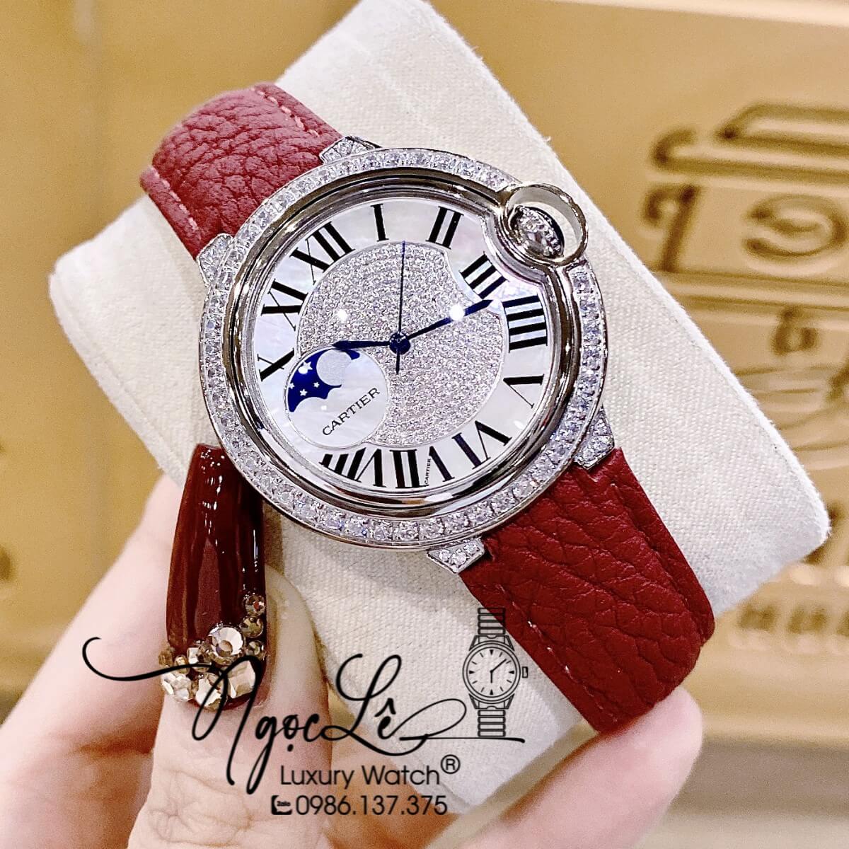 Đồng Hồ Cartier Ballon Bleu Nữ Dây Da Đỏ Vỏ Silver Đính Đá Size 35mm Máy Pin Thụy Sĩ