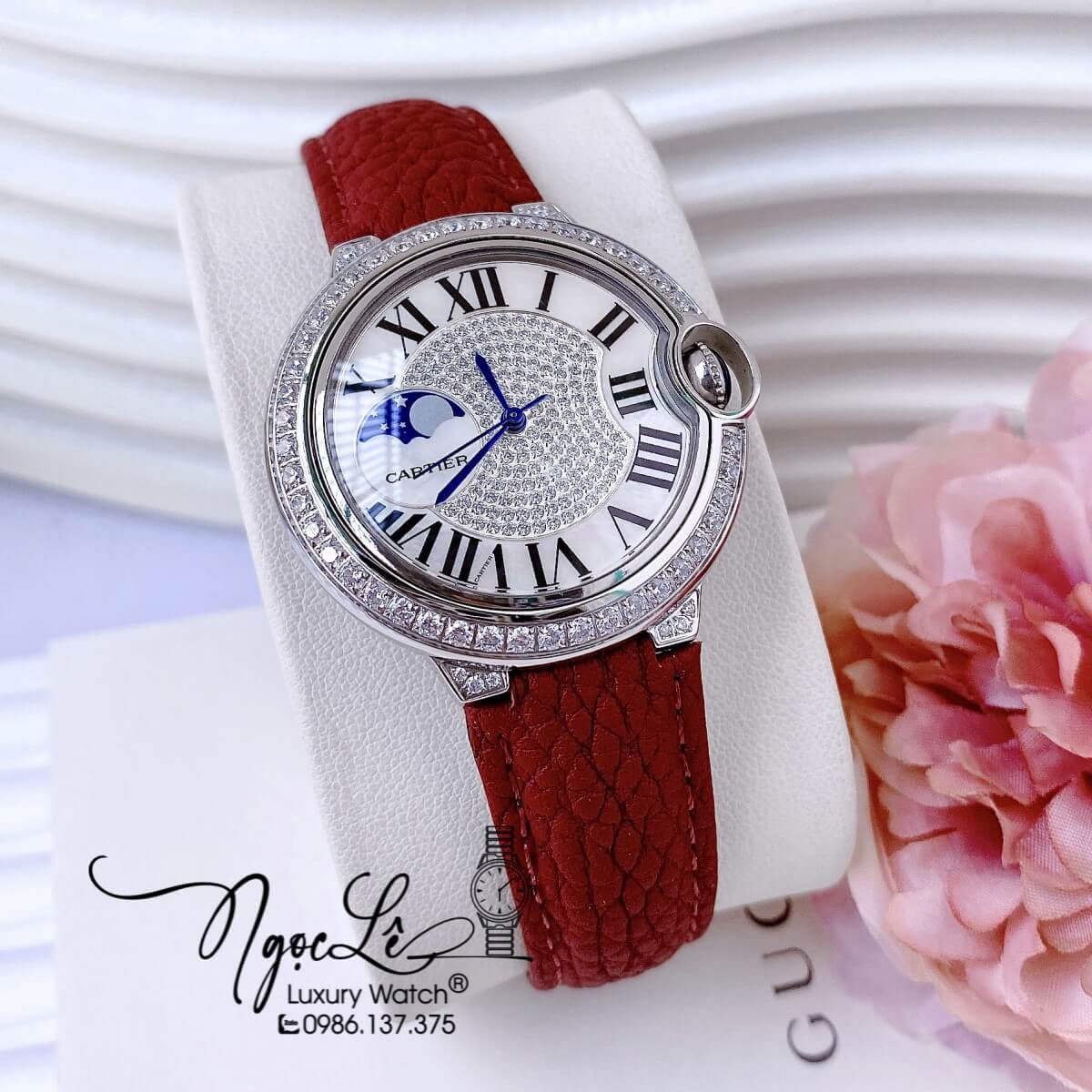 Đồng Hồ Cartier Ballon Bleu Nữ Dây Da Đỏ Vỏ Silver Đính Đá Size 35mm Máy Pin Thụy Sĩ