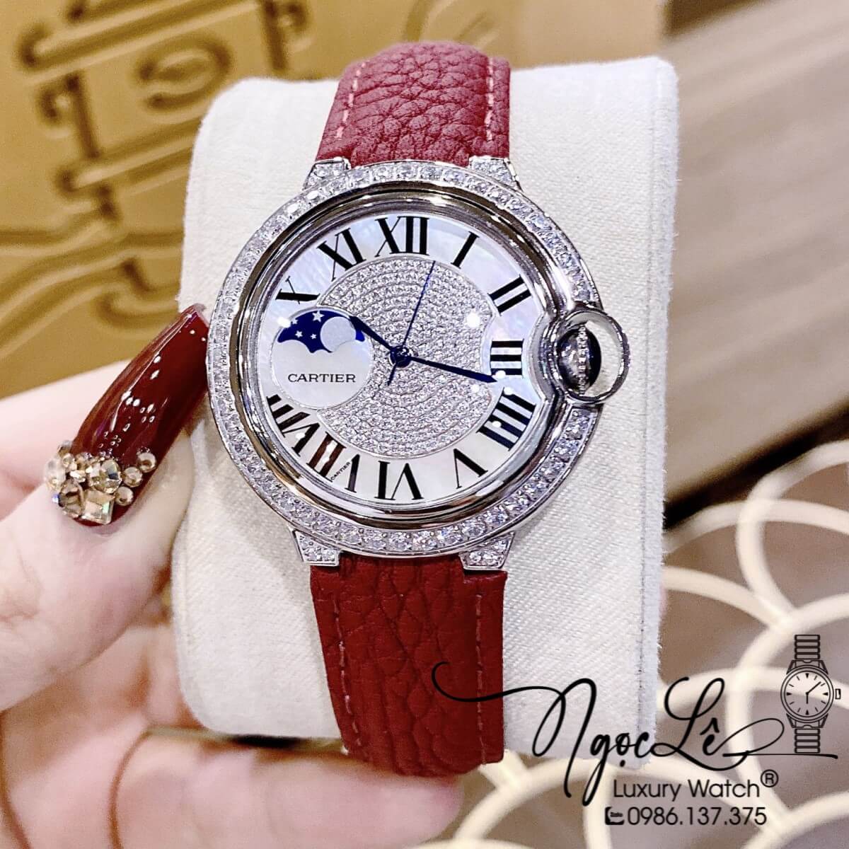 Đồng Hồ Cartier Ballon Bleu Nữ Dây Da Đỏ Vỏ Silver Đính Đá Size 35mm Máy Pin Thụy Sĩ
