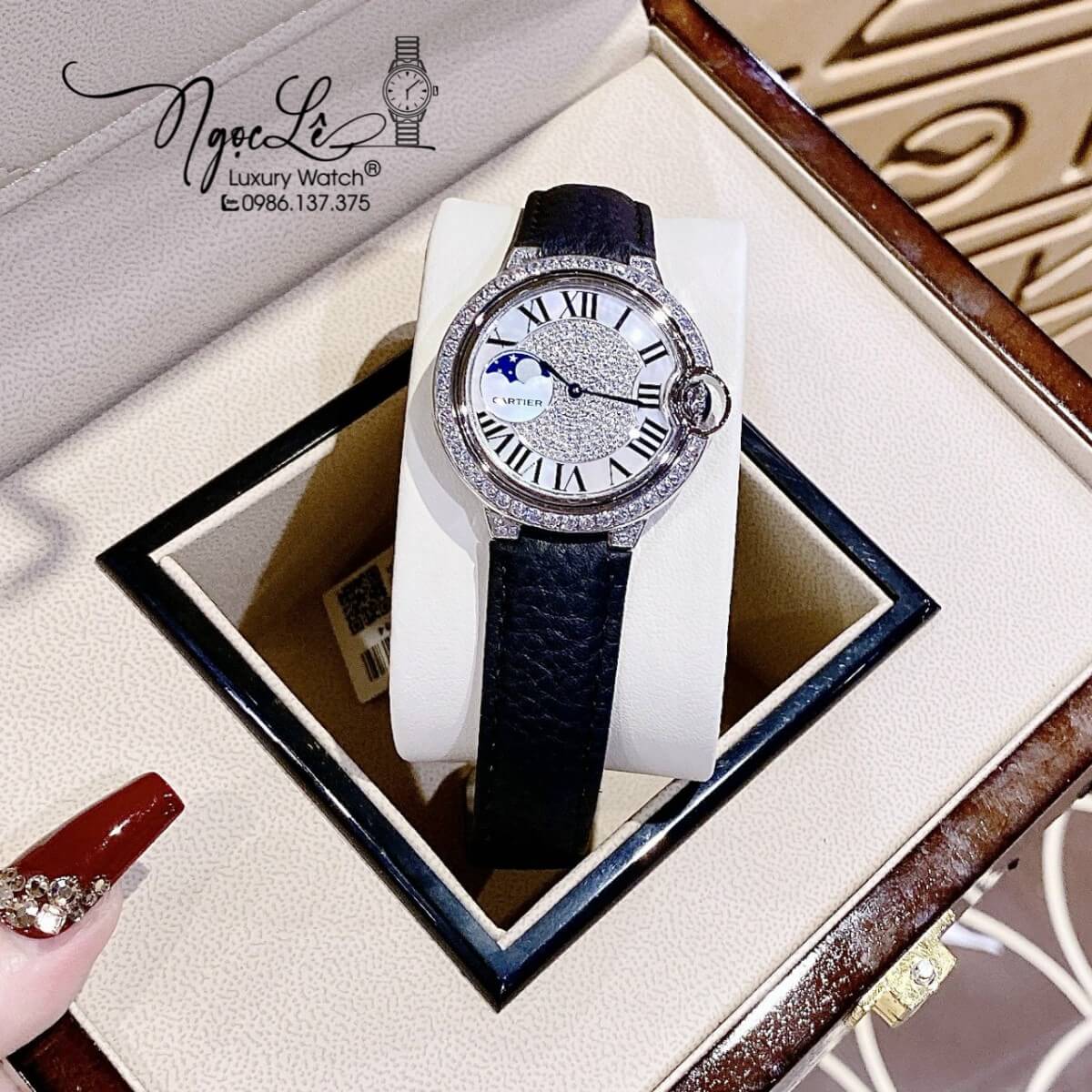 Đồng Hồ Cartier Ballon Bleu Nữ Dây Da Đen Vỏ Silver Đính Đá Size 35mm Máy Pin Thụy Sĩ