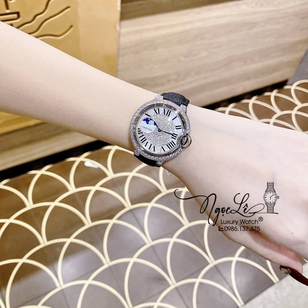 Đồng Hồ Cartier Ballon Bleu Nữ Dây Da Đen Vỏ Silver Đính Đá Size 35mm Máy Pin Thụy Sĩ