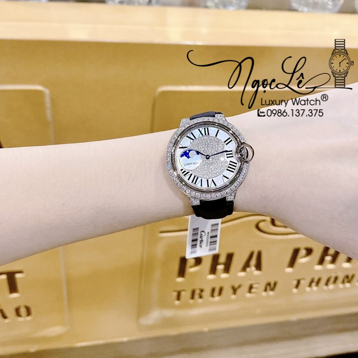 Đồng Hồ Cartier Ballon Bleu Nữ Dây Da Đen Vỏ Silver Đính Đá Size 35mm Máy Pin Thụy Sĩ