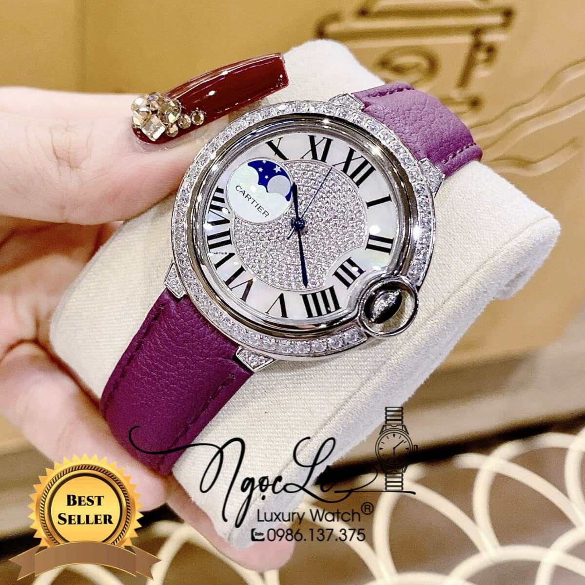 Đồng Hồ Cartier Ballon Bleu Nữ Dây Da Tím Vỏ Silver Đính Đá Size 35mm Máy Pin Thụy Sĩ