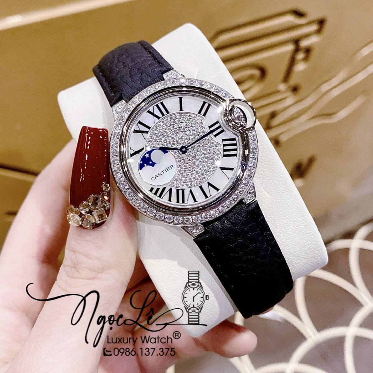 Đồng Hồ Cartier Ballon Bleu Nữ Dây Da Đen Vỏ Silver Đính Đá Size 35mm Máy Pin Thụy Sĩ