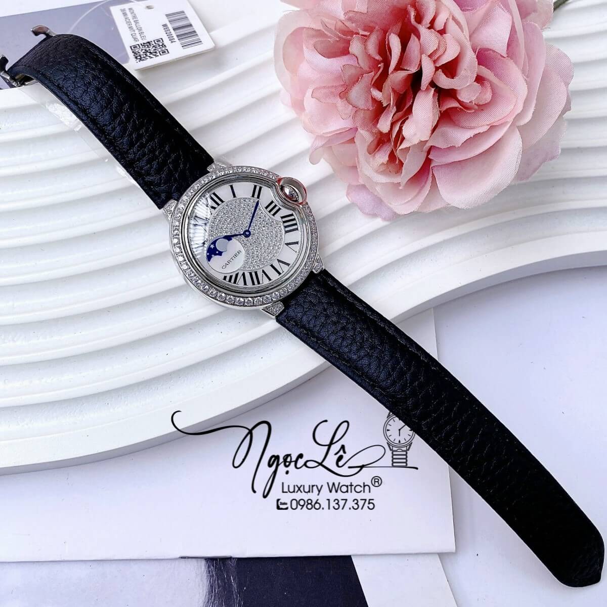 Đồng Hồ Cartier Ballon Bleu Nữ Dây Da Đen Vỏ Silver Đính Đá Size 35mm Máy Pin Thụy Sĩ