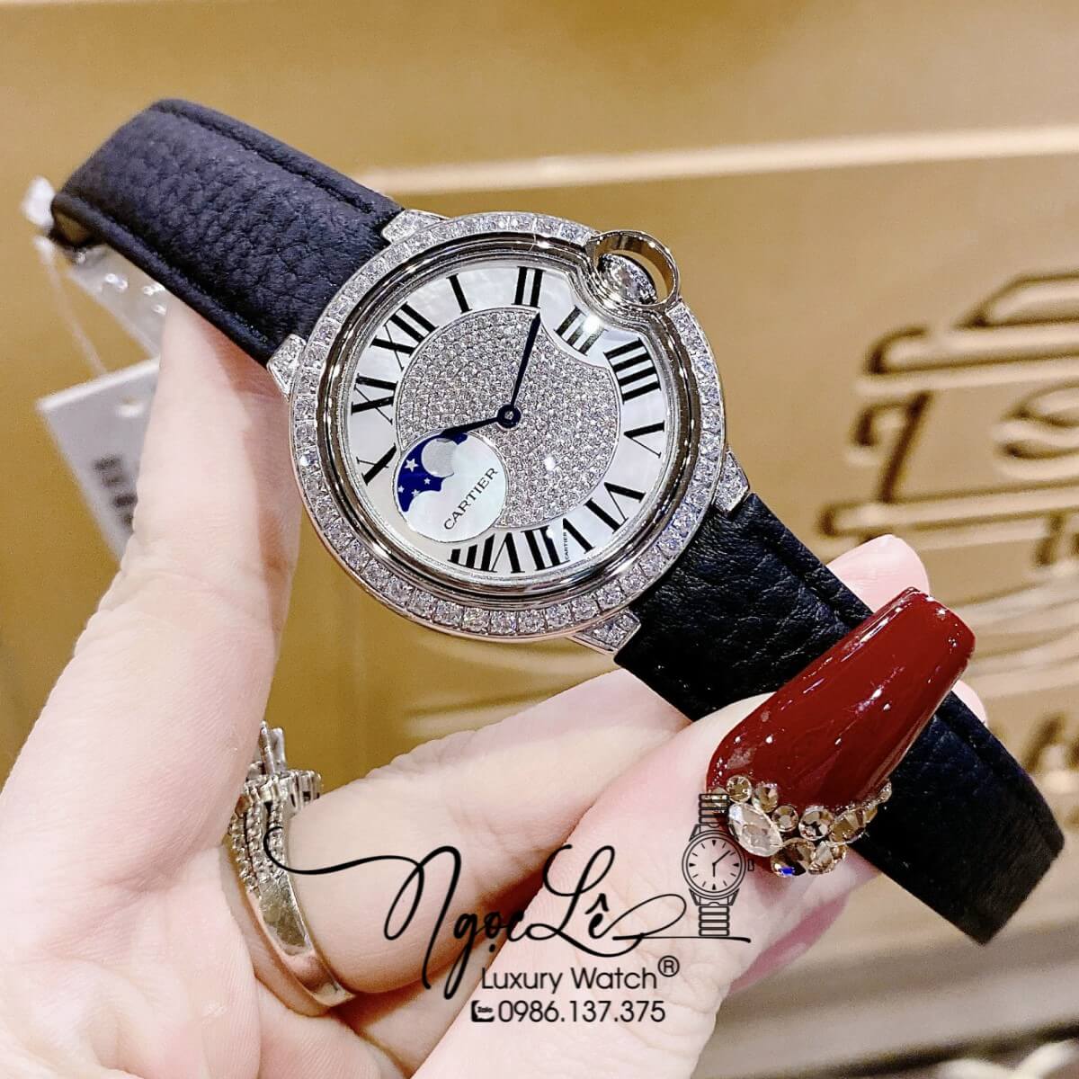 Đồng Hồ Cartier Ballon Bleu Nữ Dây Da Đen Vỏ Silver Đính Đá Size 35mm Máy Pin Thụy Sĩ