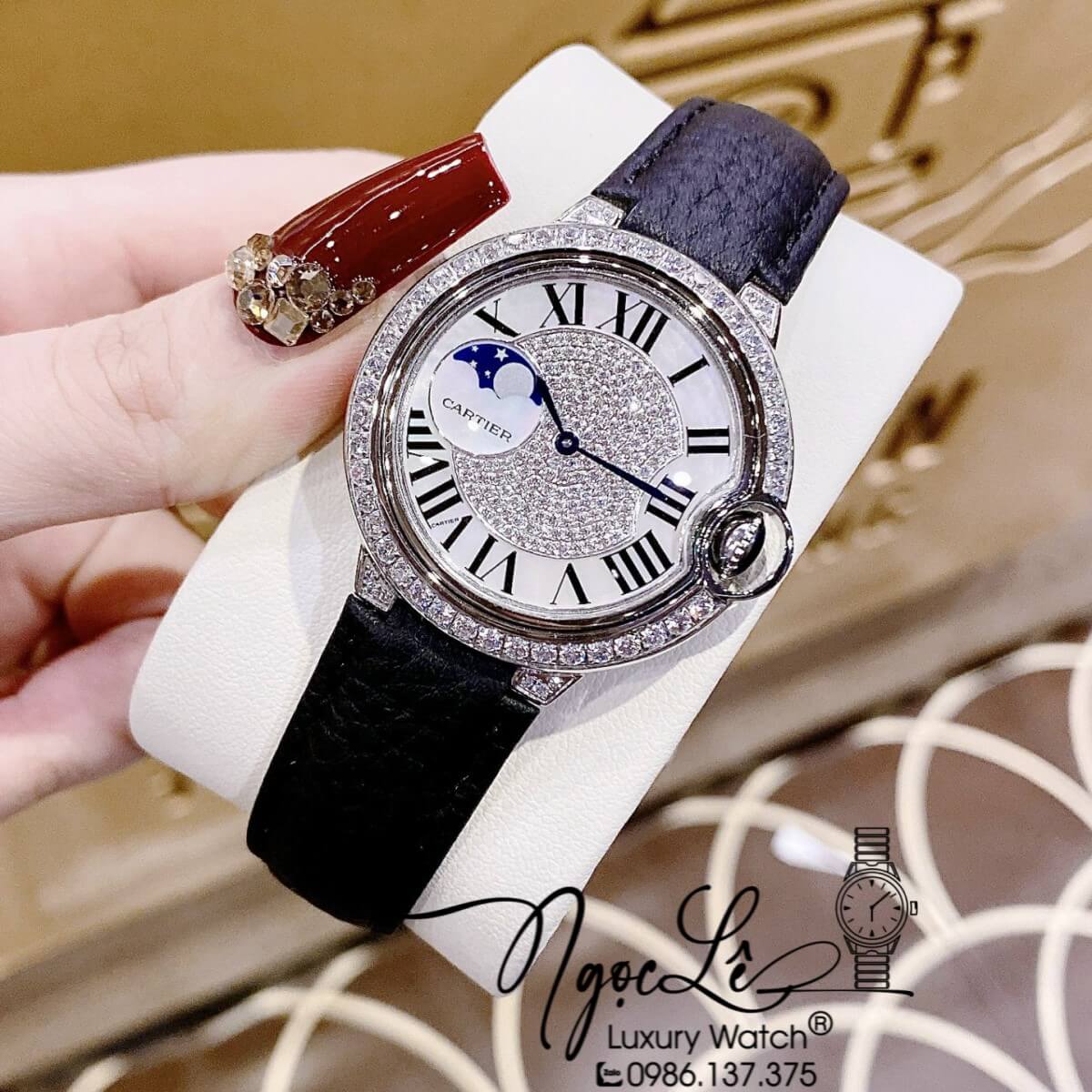 Đồng Hồ Cartier Ballon Bleu Nữ Dây Da Đen Vỏ Silver Đính Đá Size 35mm Máy Pin Thụy Sĩ