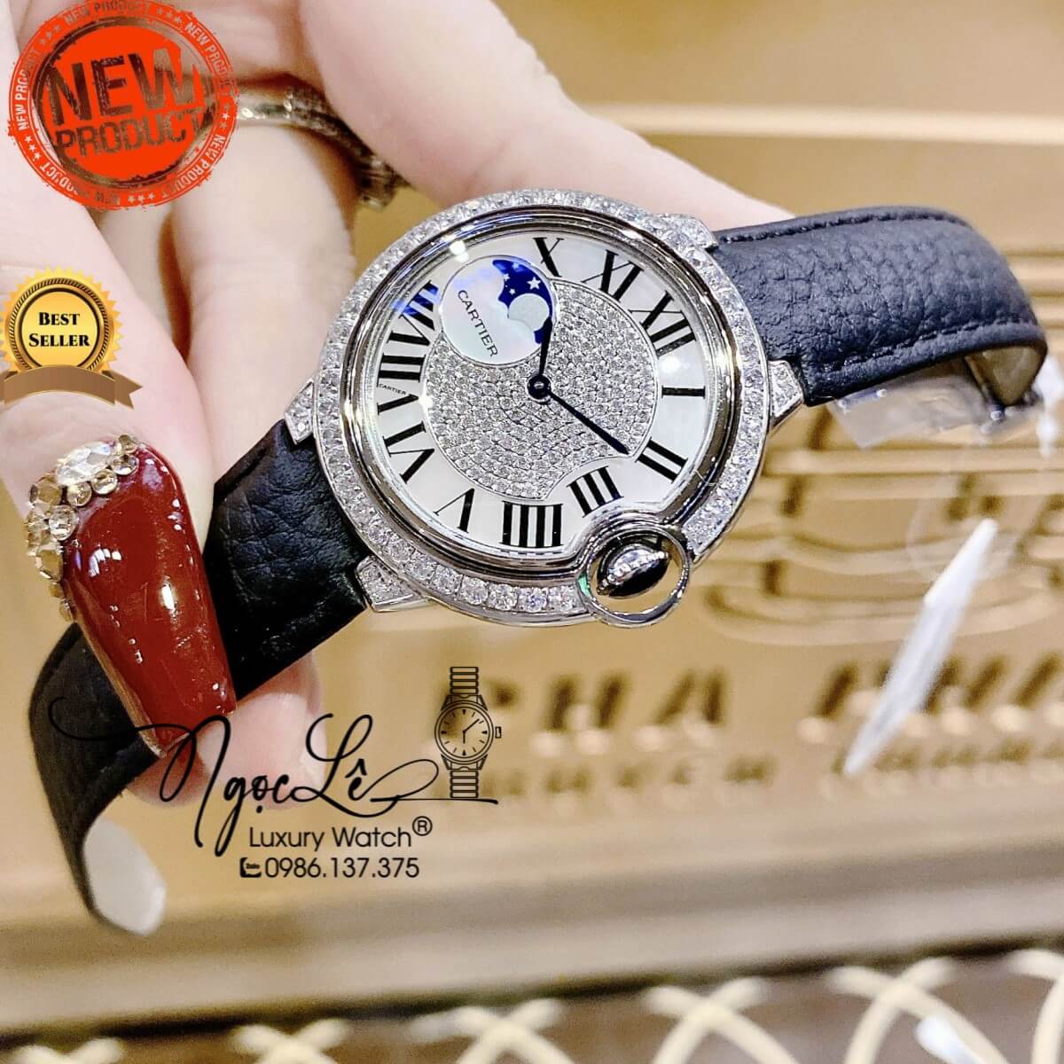 Đồng Hồ Cartier Ballon Bleu Nữ Dây Da Đen Vỏ Silver Đính Đá Size 35mm Máy Pin Thụy Sĩ