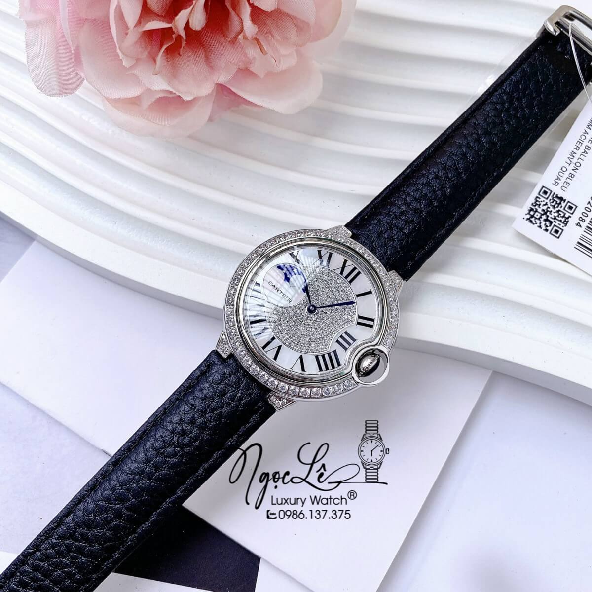 Đồng Hồ Cartier Ballon Bleu Nữ Dây Da Đen Vỏ Silver Đính Đá Size 35mm Máy Pin Thụy Sĩ