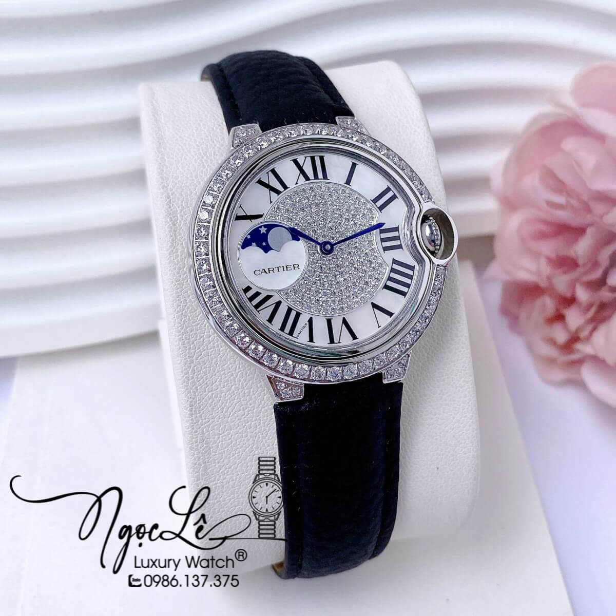 Đồng Hồ Cartier Ballon Bleu Nữ Dây Da Đen Vỏ Silver Đính Đá Size 35mm Máy Pin Thụy Sĩ
