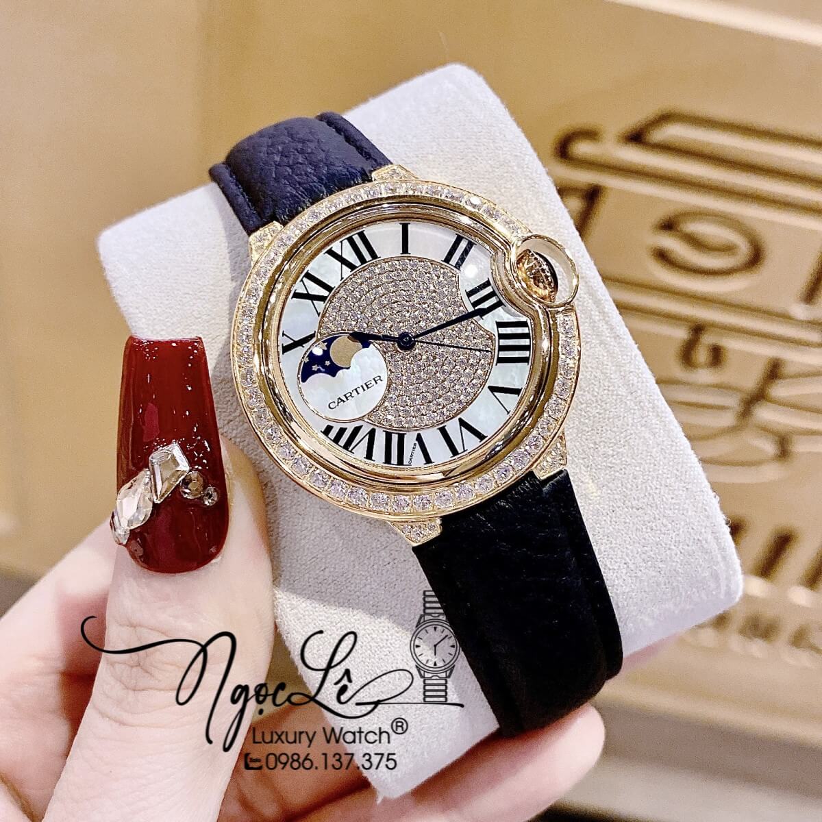 Đồng Hồ Cartier Ballon Bleu Nữ Dây Da Đen Vỏ Gold Đính Đá Size 35mm Máy Pin Thụy Sĩ