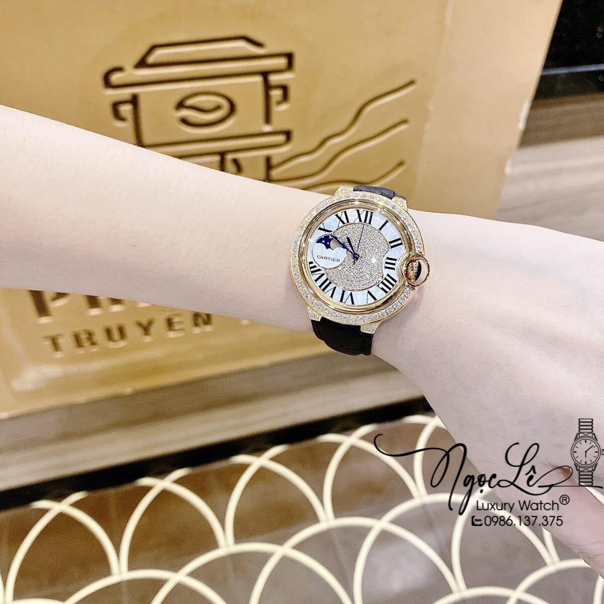 Đồng Hồ Cartier Ballon Bleu Nữ Dây Da Đen Vỏ Gold Đính Đá Size 35mm Máy Pin Thụy Sĩ