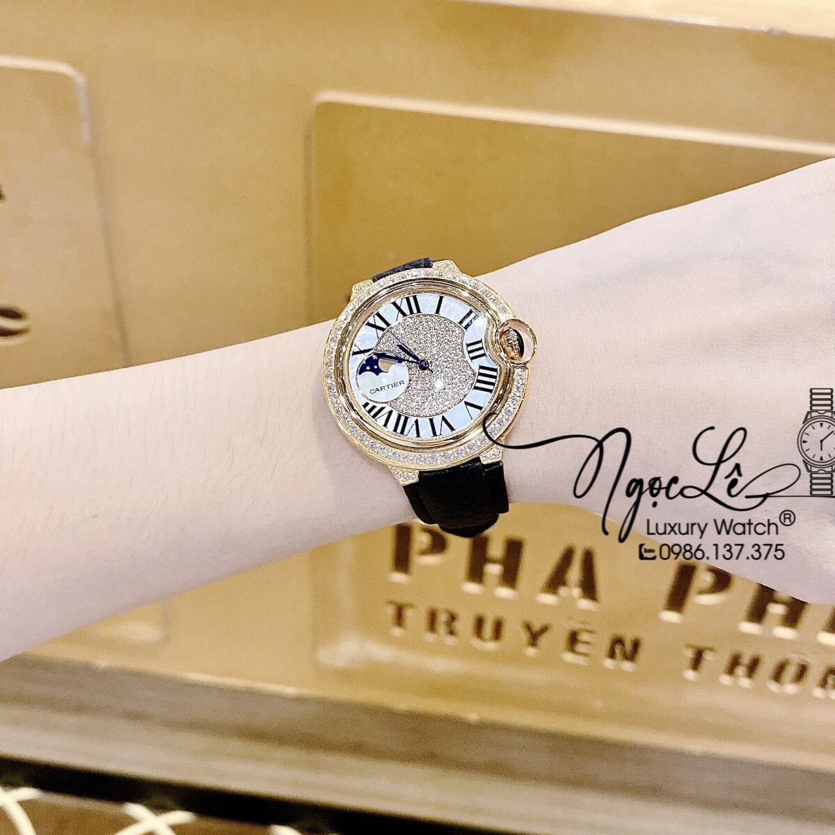 Đồng Hồ Cartier Ballon Bleu Nữ Dây Da Đen Vỏ Gold Đính Đá Size 35mm Máy Pin Thụy Sĩ