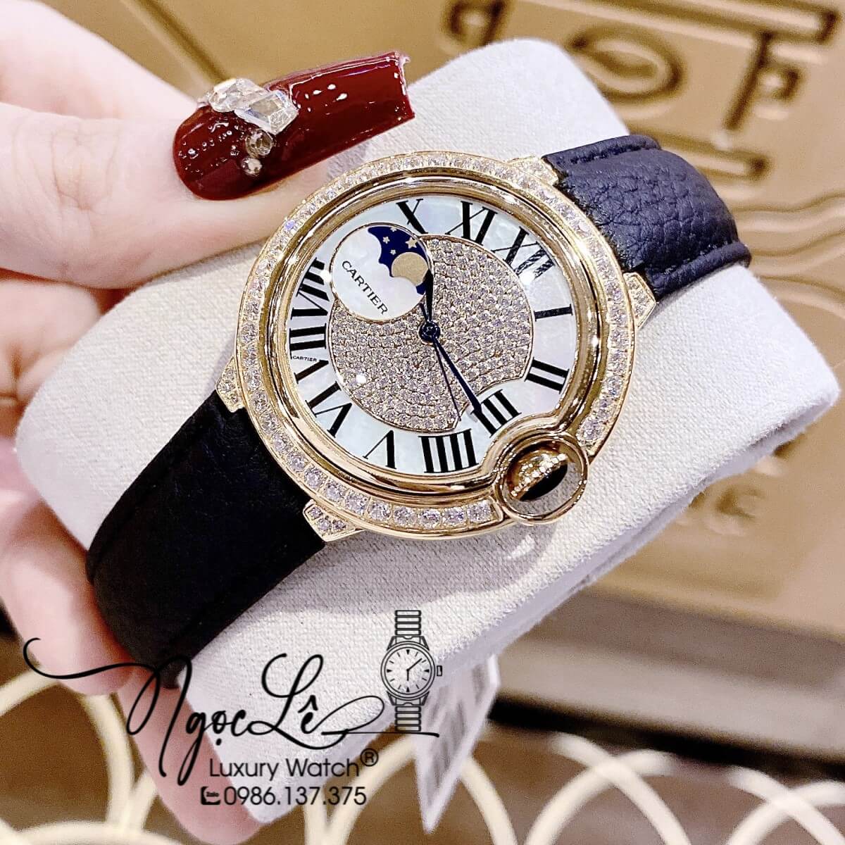 Đồng Hồ Cartier Ballon Bleu Nữ Dây Da Đen Vỏ Gold Đính Đá Size 35mm Máy Pin Thụy Sĩ