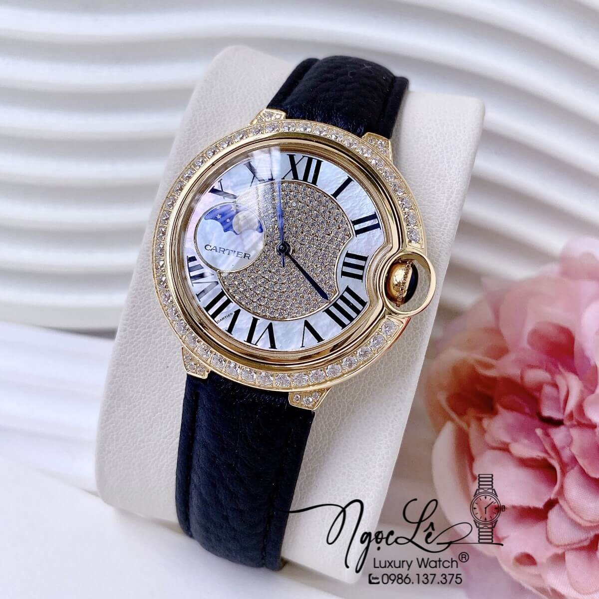Đồng Hồ Cartier Ballon Bleu Nữ Dây Da Đen Vỏ Gold Đính Đá Size 35mm Máy Pin Thụy Sĩ