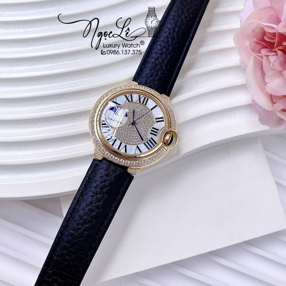 Đồng Hồ Cartier Ballon Bleu Nữ Dây Da Đen Vỏ Gold Đính Đá Size 35mm Máy Pin Thụy Sĩ