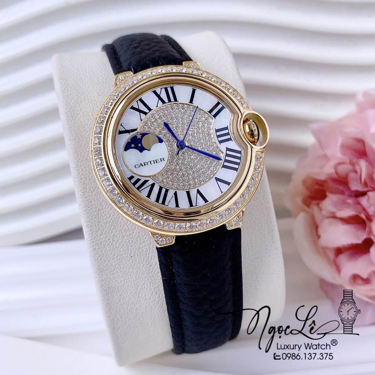 Đồng Hồ Cartier Ballon Bleu Nữ Dây Da Đen Vỏ Gold Đính Đá Size 35mm Máy Pin Thụy Sĩ