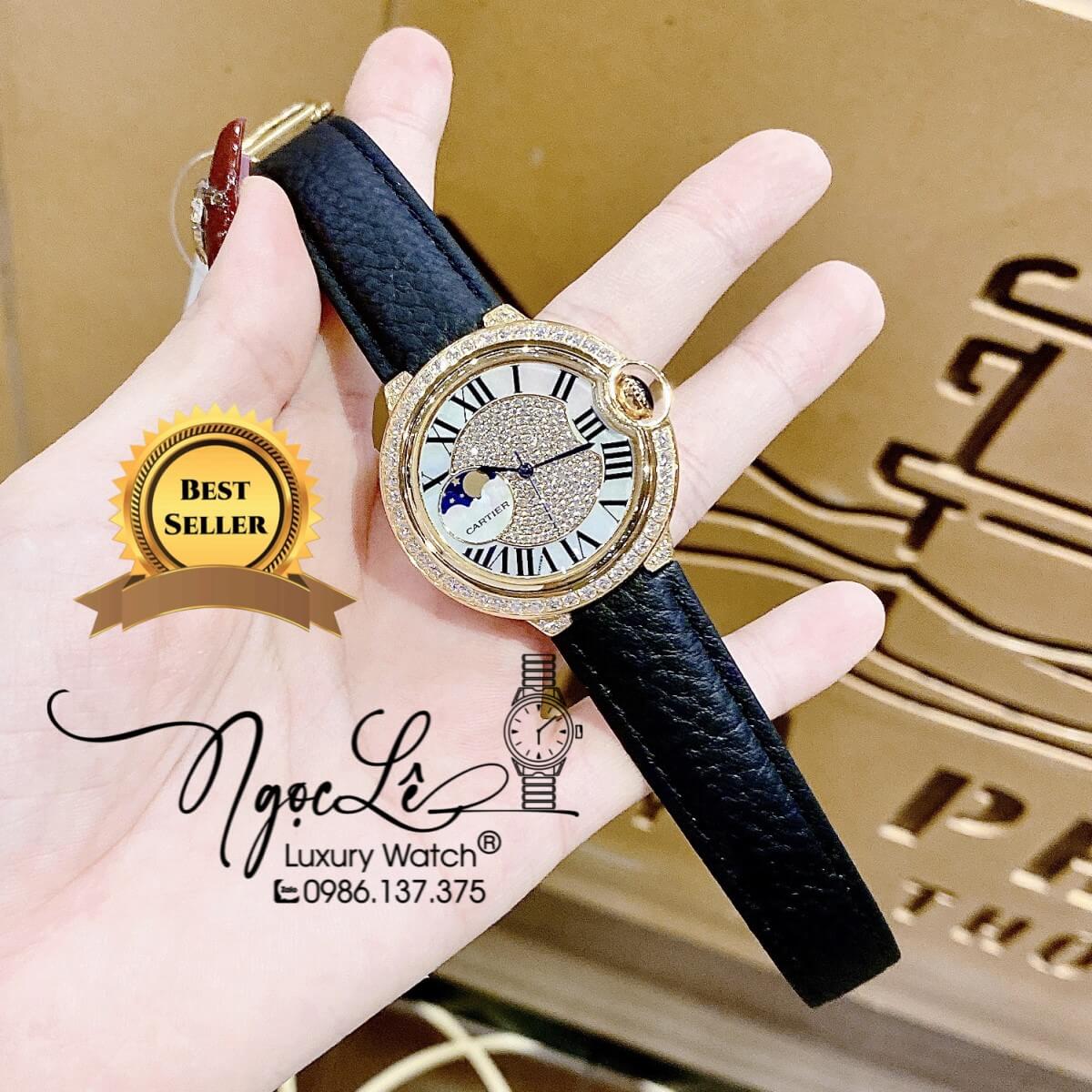 Đồng Hồ Cartier Ballon Bleu Nữ Dây Da Đen Vỏ Gold Đính Đá Size 35mm Máy Pin Thụy Sĩ