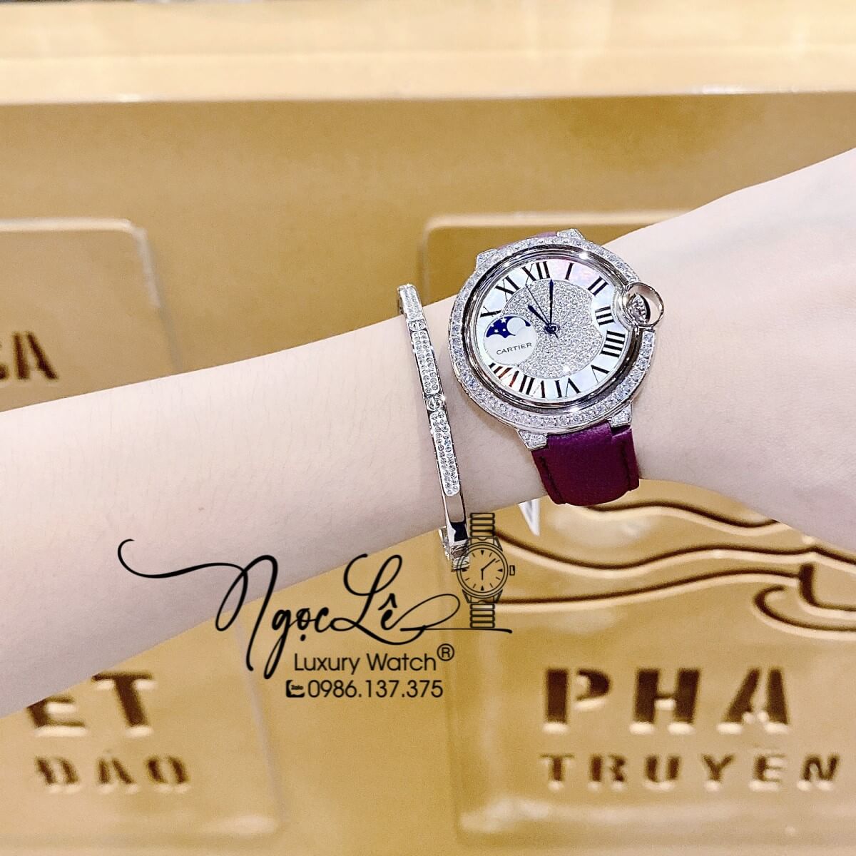 Đồng Hồ Cartier Ballon Bleu Nữ Dây Da Tím Vỏ Silver Đính Đá Size 35mm Máy Pin Thụy Sĩ