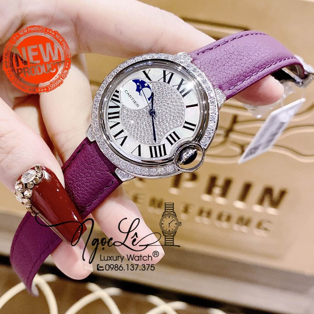 Đồng Hồ Cartier Ballon Bleu Nữ Dây Da Tím Vỏ Silver Đính Đá Size 35mm Máy Pin Thụy Sĩ