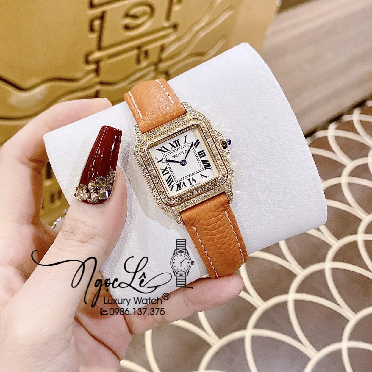 Đồng Hồ Nữ Cartier Santos De Dây Da Nâu Mặt Vuông Đính Đá Size 24x33mm Máy Pin Thụy - Vỏ Gold