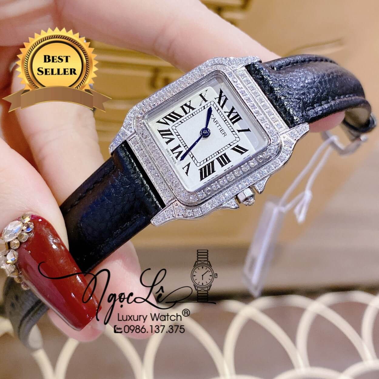 Đồng Hồ Nữ Cartier Santos De Dây Da Đen Mặt Vuông Đính Đá Size 24x33mm Máy Pin Thụy - Vỏ Silver
