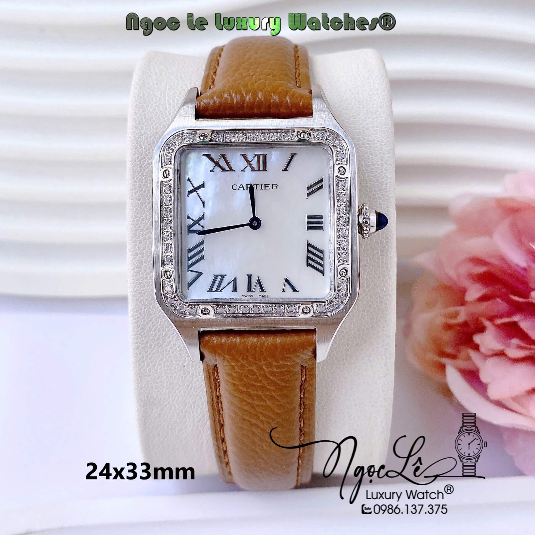 Đồng Hồ Nữ Cartier Santos De Dây Da Nâu Mặt Vuông Đính Đá Size 24x33mm Máy Pin Thụy Sĩ
