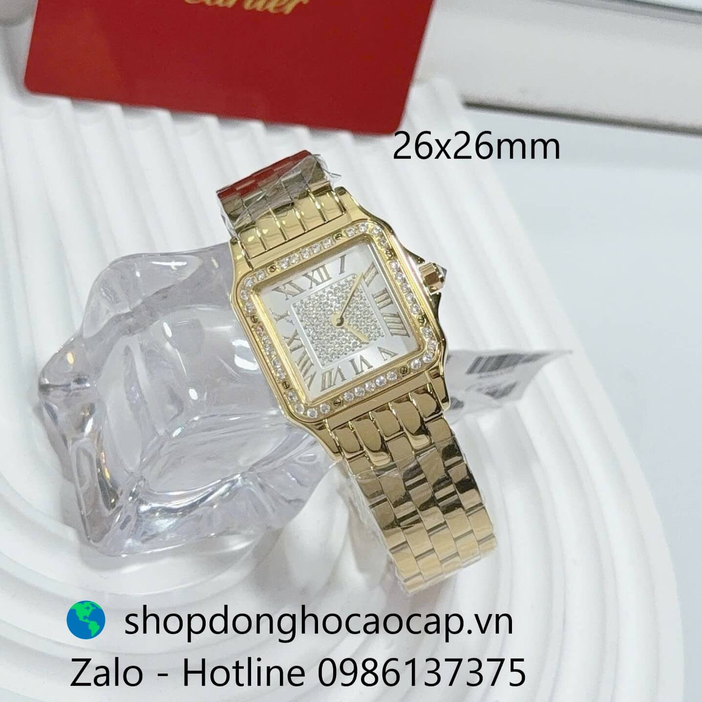 Đồng hồ Cartier nữ mặt vuông viền đá, đồng hồ Cartier dây thép cao cấp size 26x26mm - Quartz