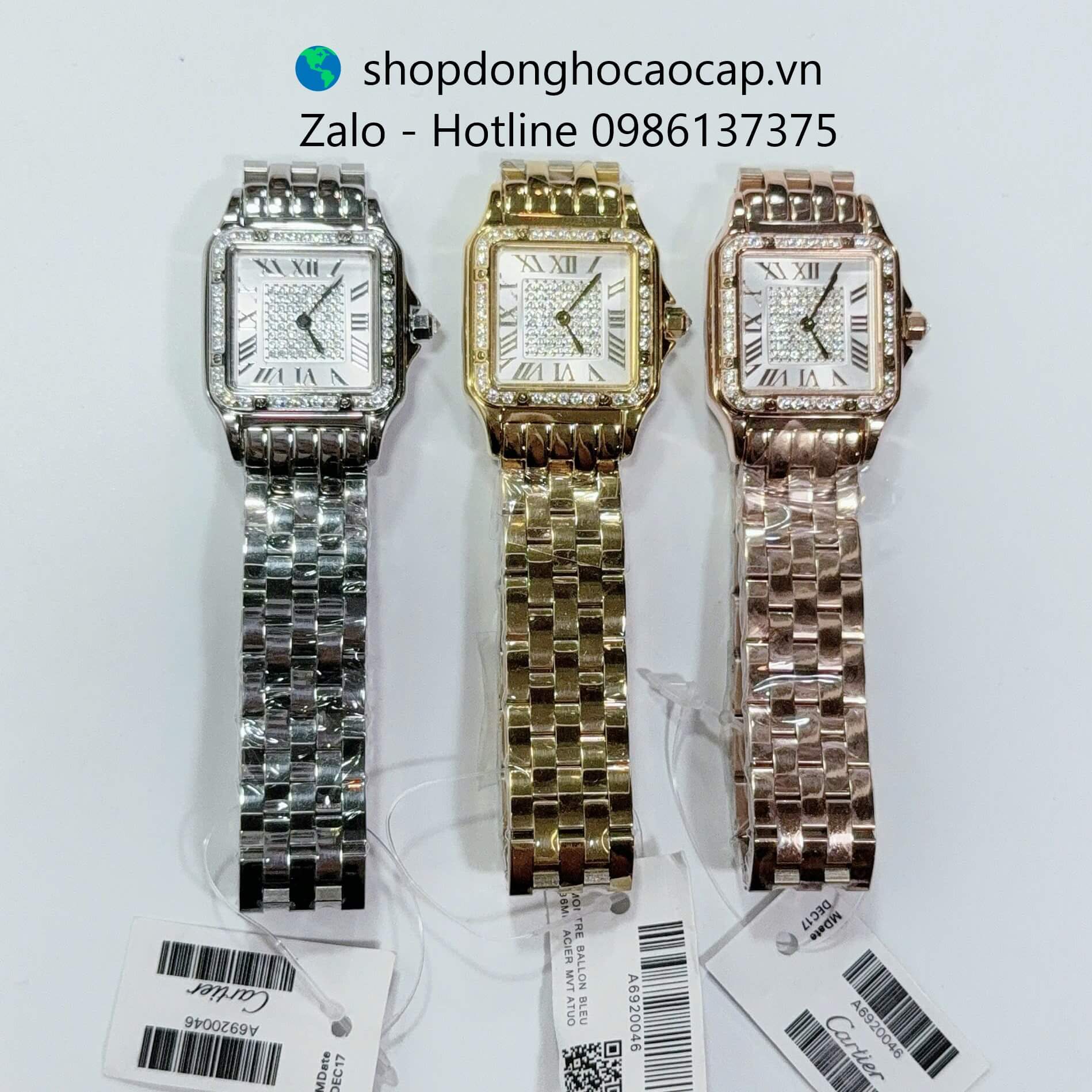 Đồng hồ Cartier nữ mặt vuông viền đá, đồng hồ Cartier dây thép cao cấp size 26x26mm - Quartz