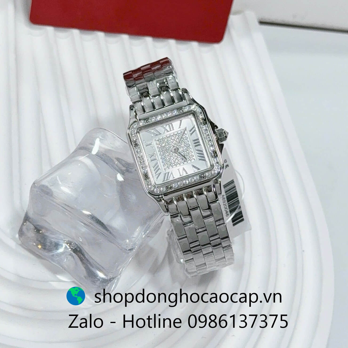 Đồng hồ Cartier nữ mặt vuông viền đá, đồng hồ Cartier dây thép cao cấp size 26x26mm - Quartz