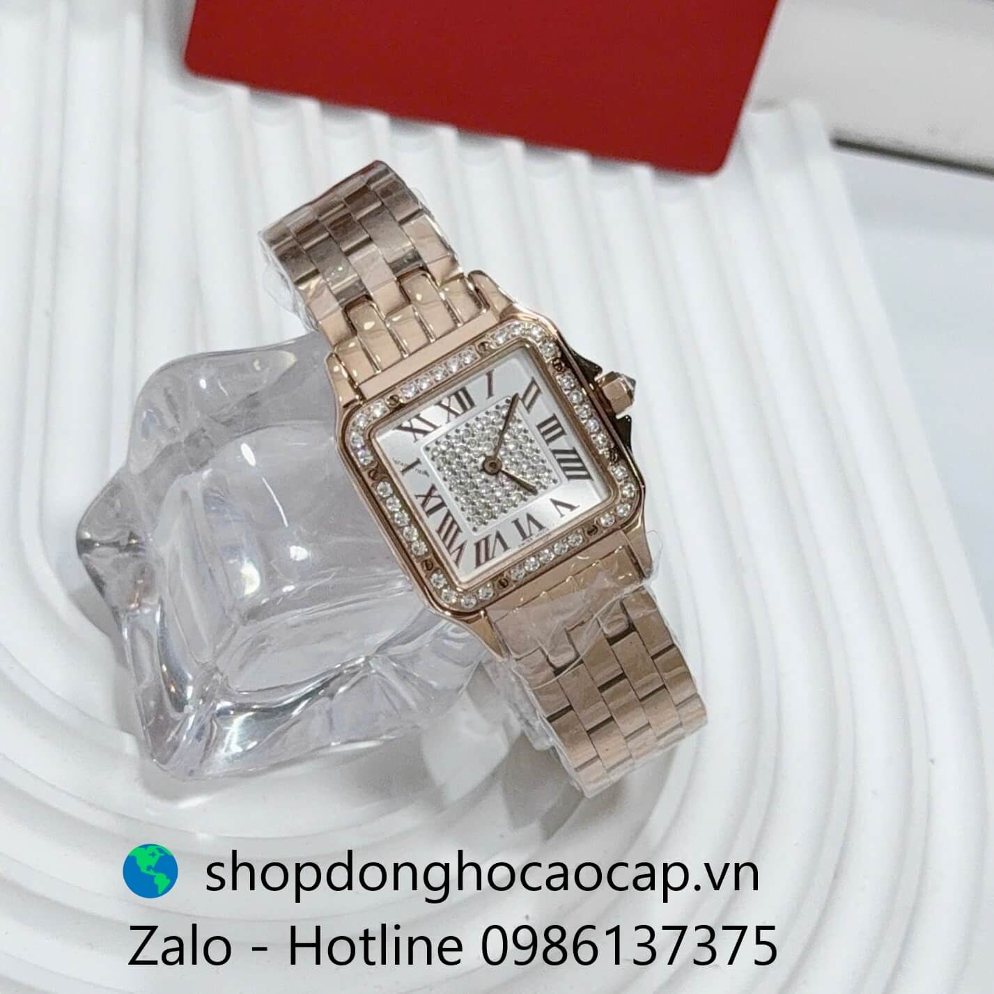 Đồng hồ Cartier nữ mặt vuông viền đá, đồng hồ Cartier dây thép cao cấp size 26x26mm - Quartz