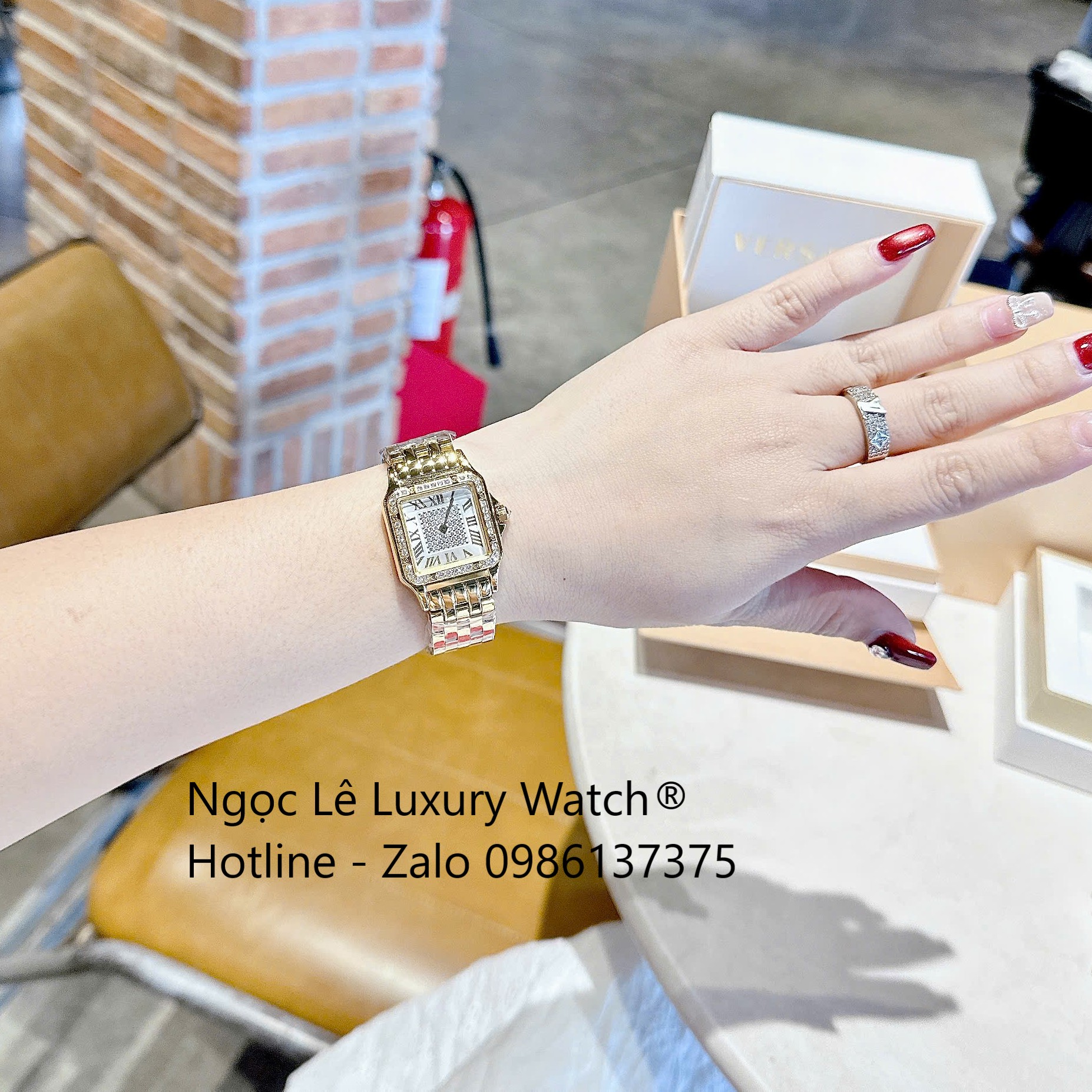 Đồng hồ Cartier nữ mặt vuông viền đá, đồng hồ Cartier dây thép vàng cao cấp size 26x20mm - Quartz