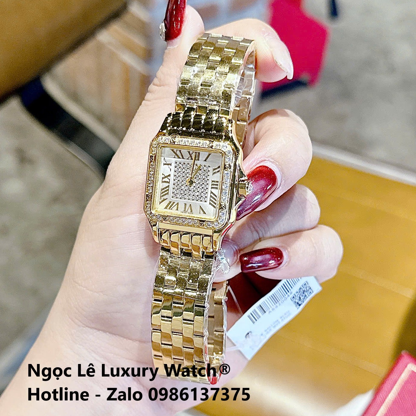 Đồng hồ Cartier nữ mặt vuông viền đá, đồng hồ Cartier dây thép vàng cao cấp size 26x20mm - Quartz