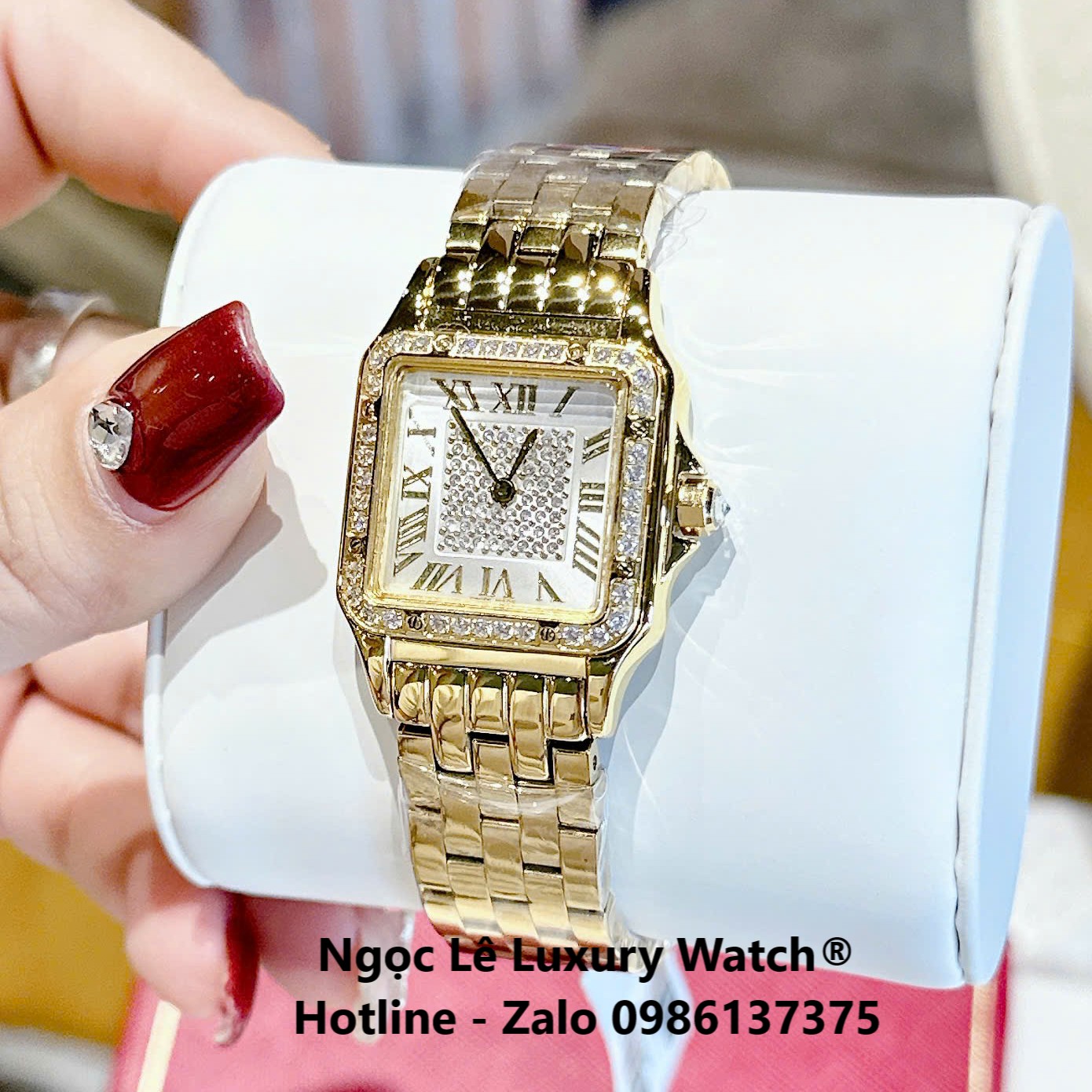 Đồng hồ Cartier nữ mặt vuông viền đá, đồng hồ Cartier dây thép vàng cao cấp size 26x20mm - Quartz