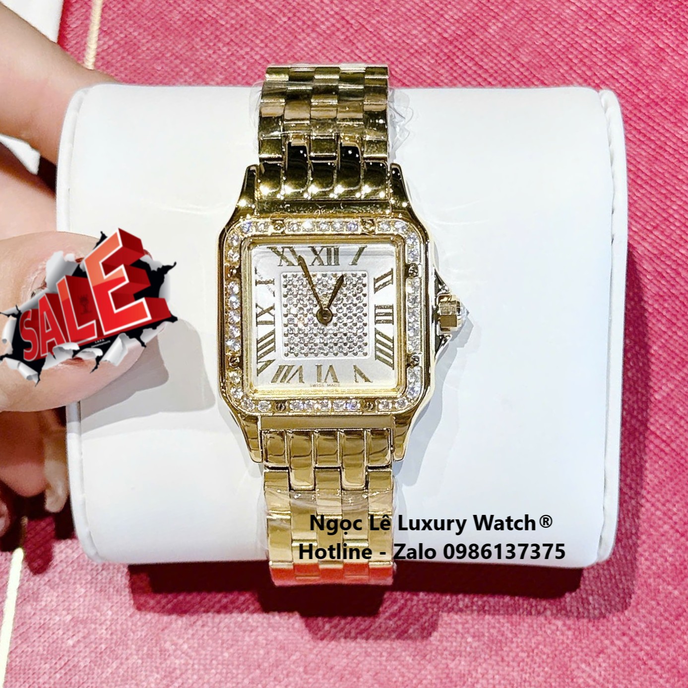Đồng hồ Cartier nữ mặt vuông viền đá, đồng hồ Cartier dây thép vàng cao cấp size 26x20mm - Quartz