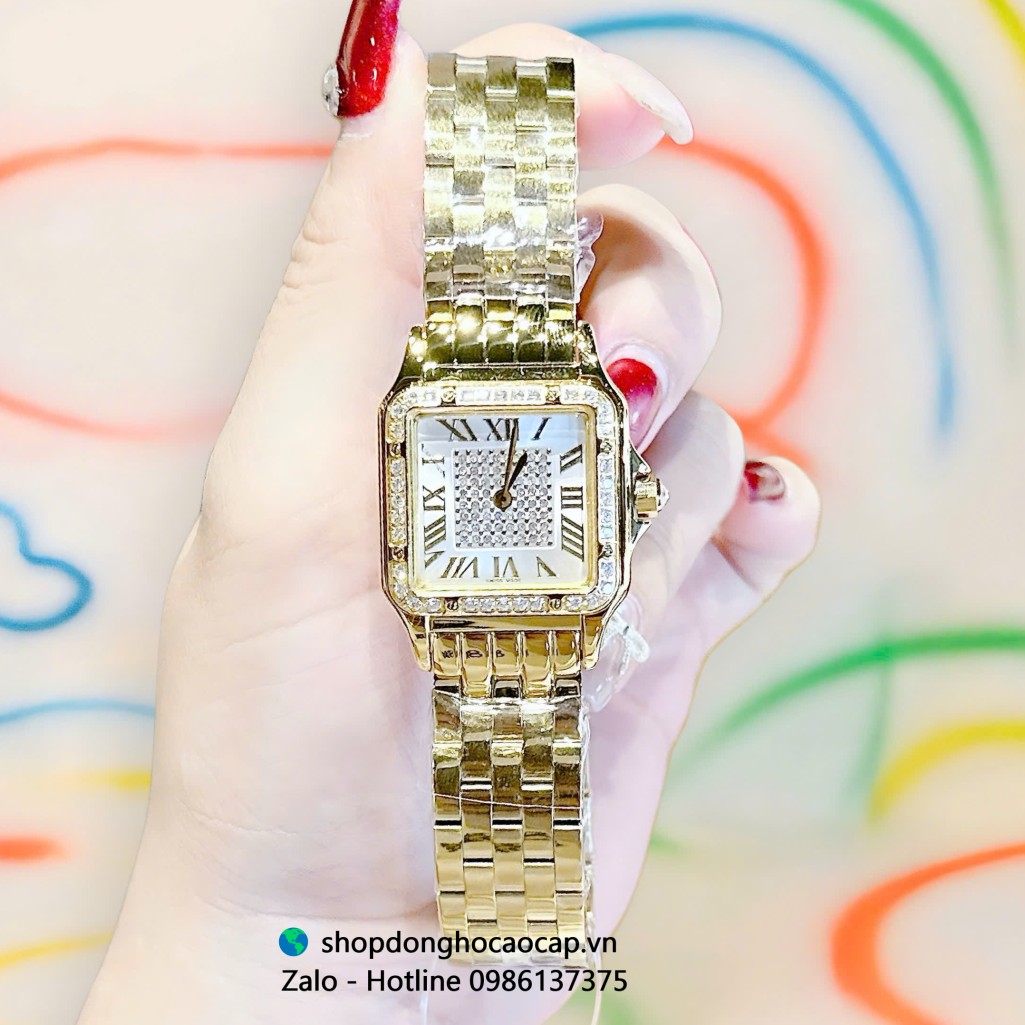 Đồng hồ Cartier nữ mặt vuông viền đá, đồng hồ Cartier dây thép vàng cao cấp size 26x20mm - Quartz