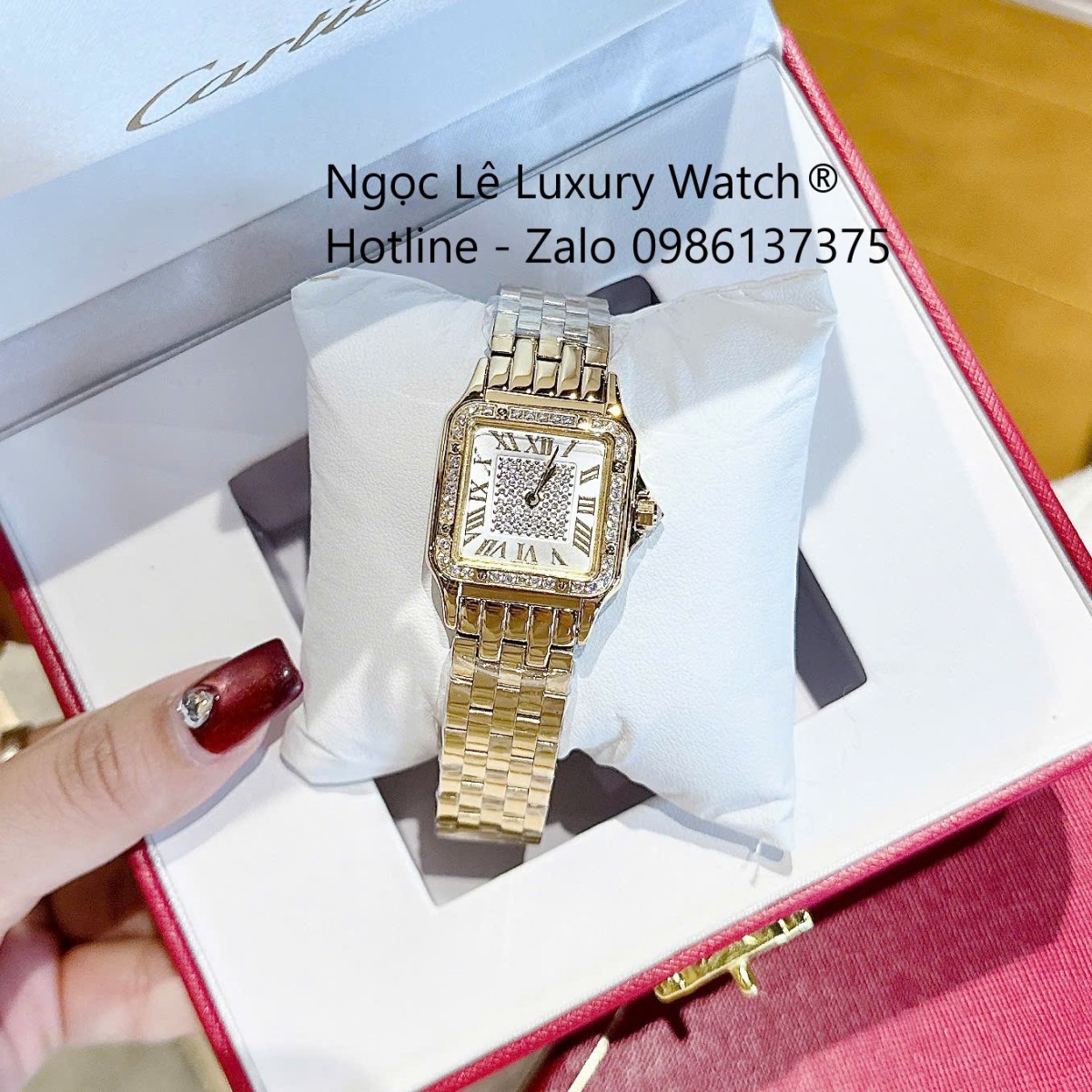 Đồng hồ Cartier nữ mặt vuông viền đá, đồng hồ Cartier dây thép vàng cao cấp size 26x20mm - Quartz