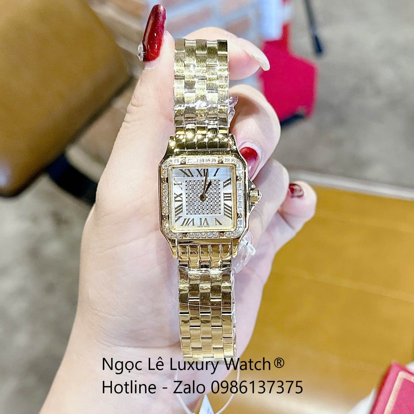 Đồng hồ Cartier nữ mặt vuông viền đá, đồng hồ Cartier dây thép cao cấp size 26x20mm - Quartz