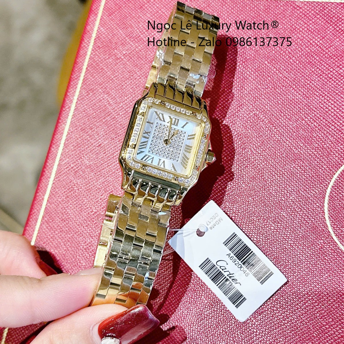 Đồng hồ Cartier nữ mặt vuông viền đá, đồng hồ Cartier dây thép vàng cao cấp size 26x20mm - Quartz