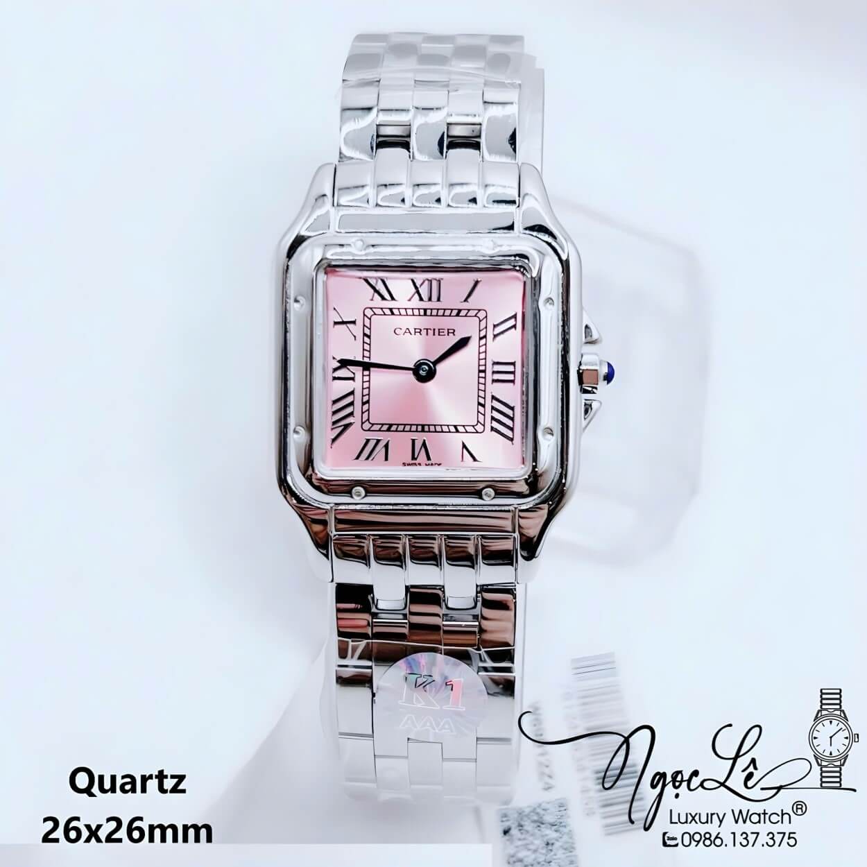 Đồng Hồ Cartier Nữ Mặt Vuông Dây Kim Loại Bạc Mặt Hồng Size 26x26mm - Niềng Trơn