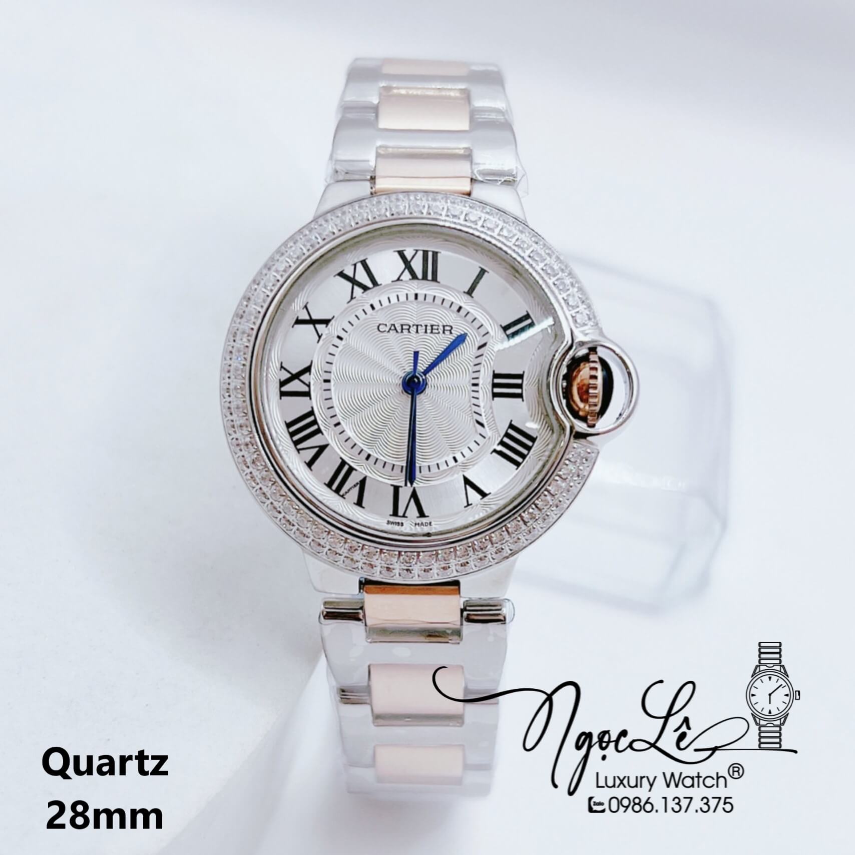 Đồng Hồ Cartier Máy Quartz Dây Kim Loại Màu Demi Rose Mặt Trắng Size 40mm-36mm-28mm