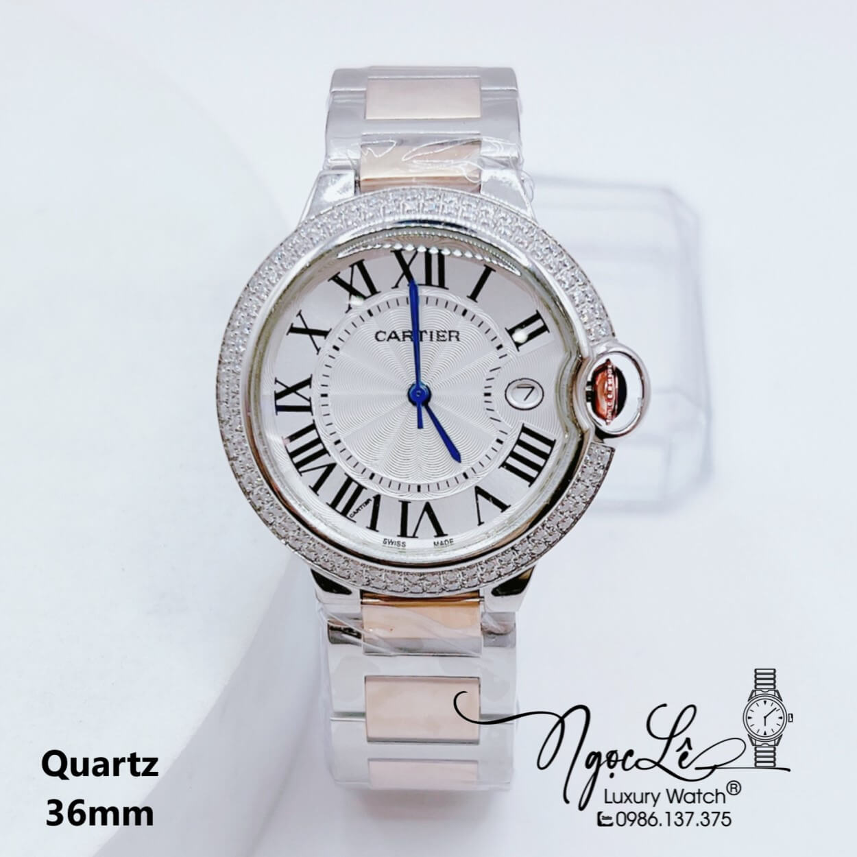 Đồng Hồ Cartier Unisex Máy Quartz Dây Kim Loại Màu Demi Rose Mặt Trắng Size 36mm