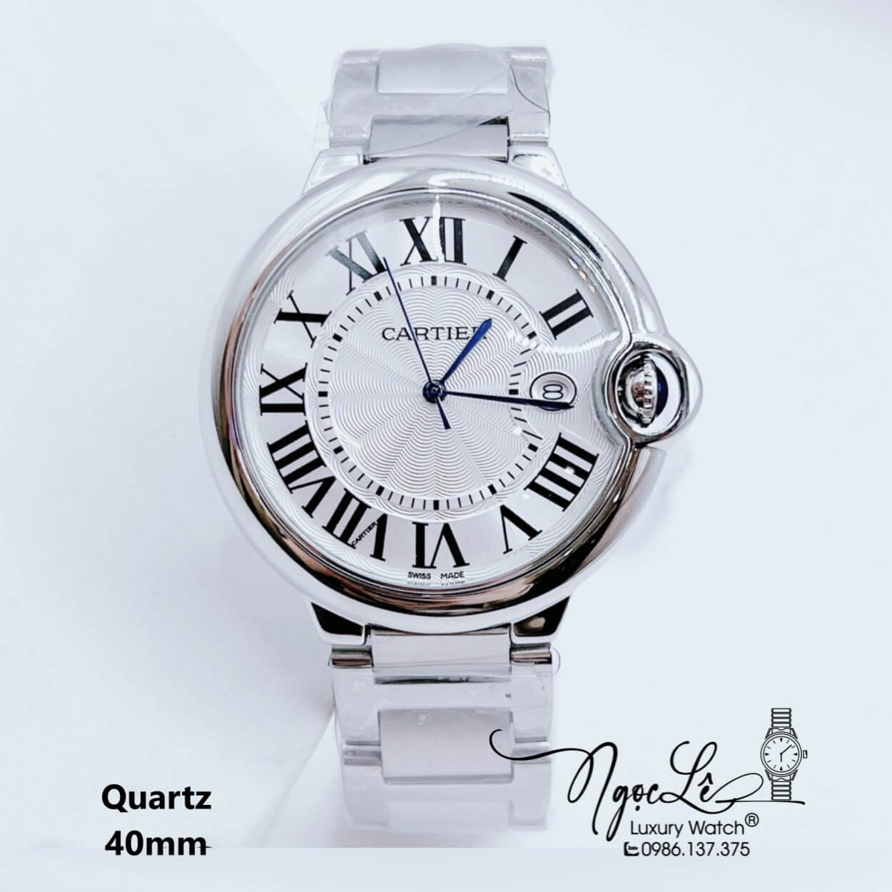 Đồng Hồ Cartier Nam Máy Quartz Dây Kim Loại Silver Mặt Trắng Size 40mm Niềng Trơn
