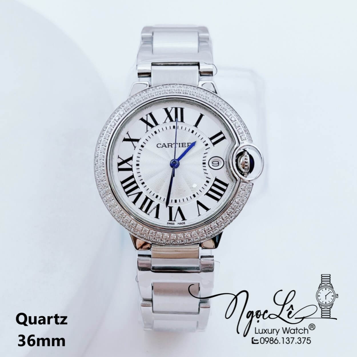 Đồng Hồ Cartier Unisex Máy Quartz Dây Kim Loại Màu Bạc Mặt Trắng Size 36mm