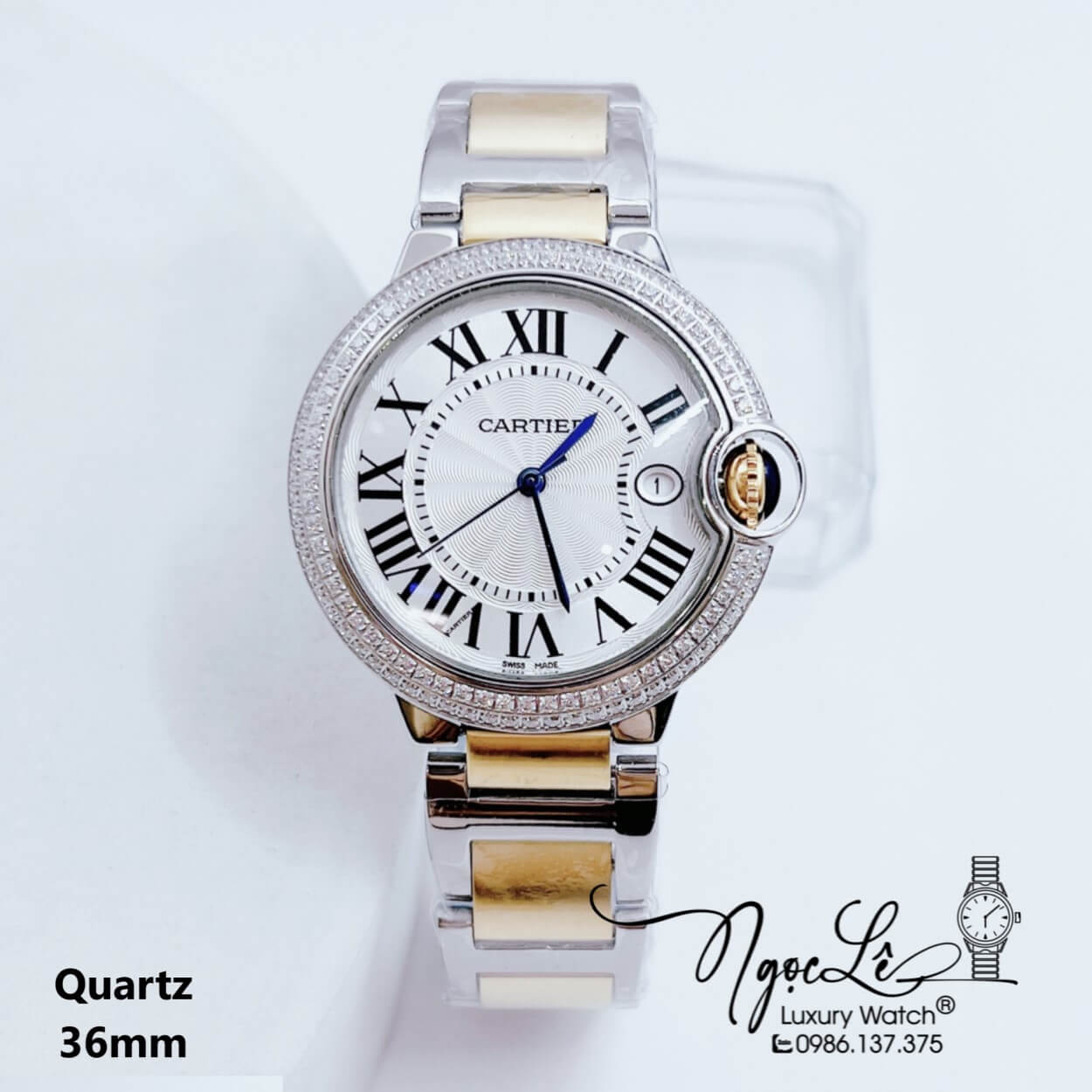 Đồng Hồ Cartier Cặp Máy Quartz Dây Kim Loại Màu Demi Vàng Mặt Trắng Size 36mm