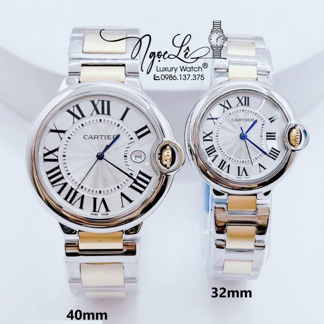 Đồng Hồ Cartier Cặp Máy Quartz Dây Kim Loại Demi Vàng Mặt Trắng Size 40mm 32mm Niềng Trơn